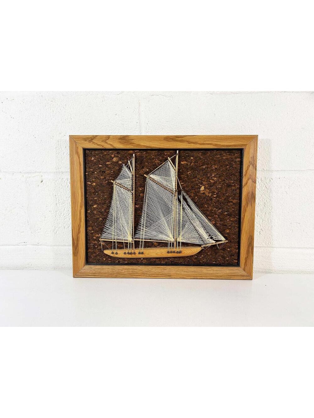 Vintage Sailboat String Art Framed Wall Hanging – 1970s Nautical Decor